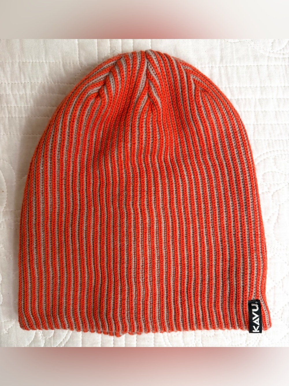 KAVU Wool Beanie Orange Striped OSFA Cuffed Fisherman Style Logo Tag
